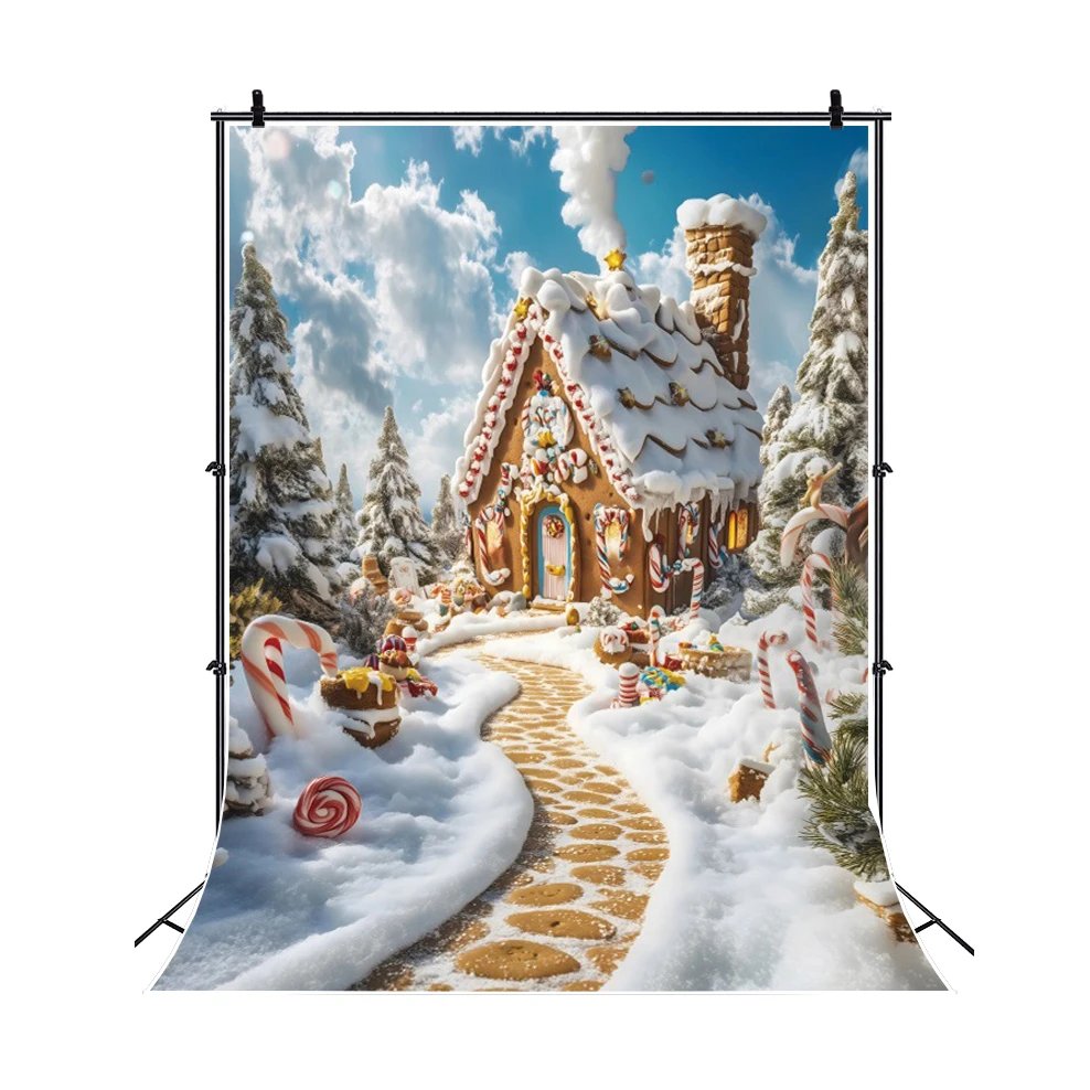 Toile de fond de photographie de maison de pain d'épice de Noël, décor de fête d'anniversaire, maison de bonbons enneigés d'hiver, arrière-plan de photo de portrait d'enfants