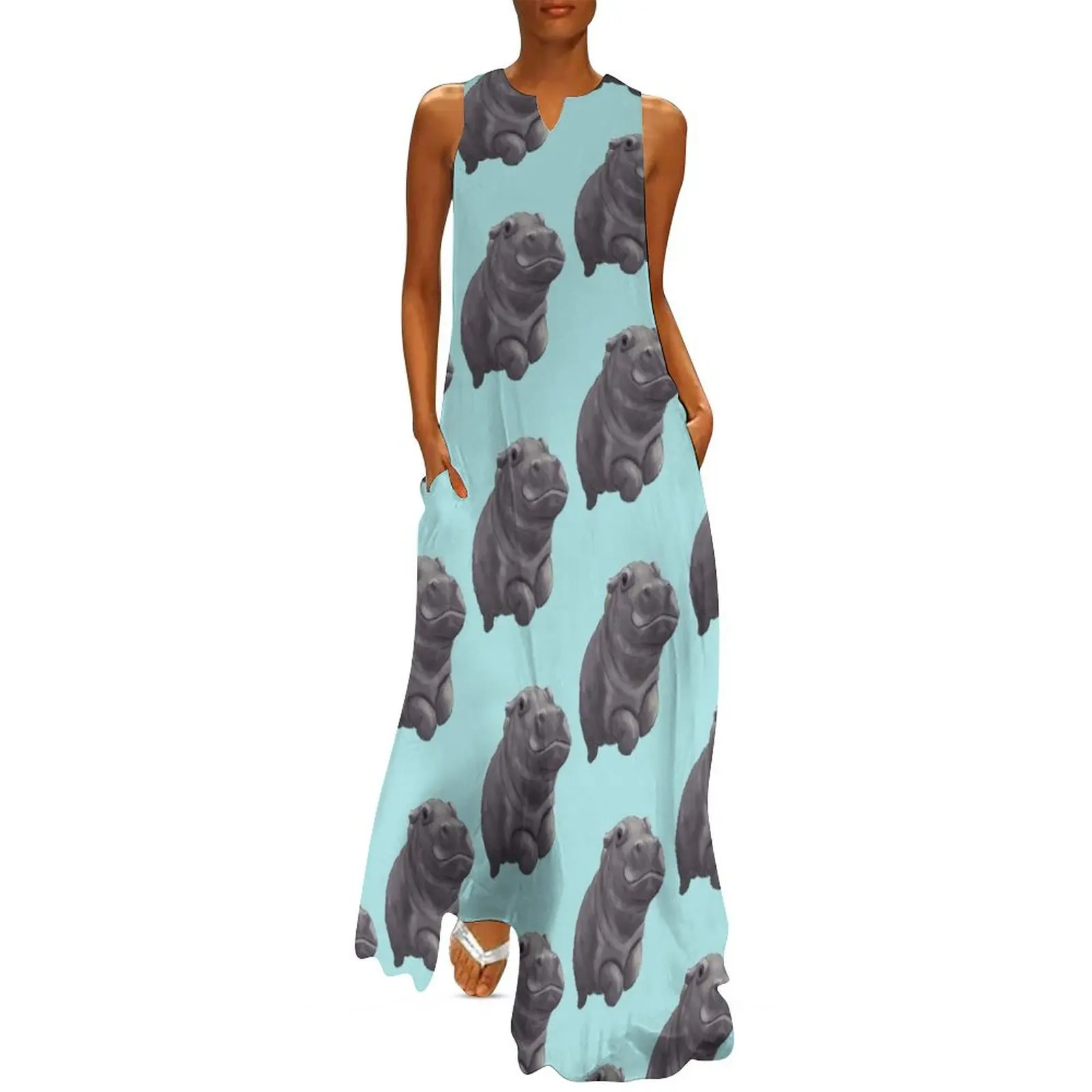 Cute Painted Baby Hippo Swimming - Digital Painting Long Dress dresses for women summer dresses Dress