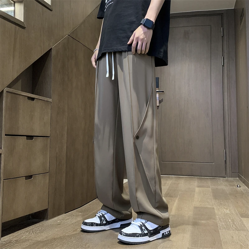 Brand Men's Loose Casual Pants Brown Straight Baggy Elastic Waist Wide-leg Pants Spring Summer Autumn Trousers Black Gray 4X 5XL