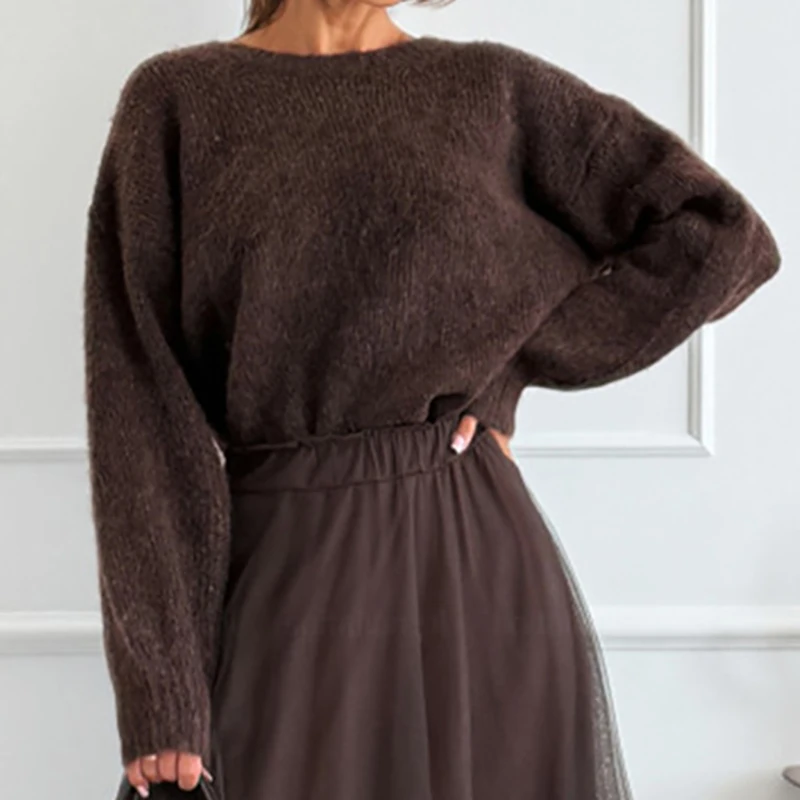 

Casual Women's O-neck Long Sleeved Sweater Fashion Streetwear Warm Sweater Pullover Leopard Print Butterfly Backless Knitted Top