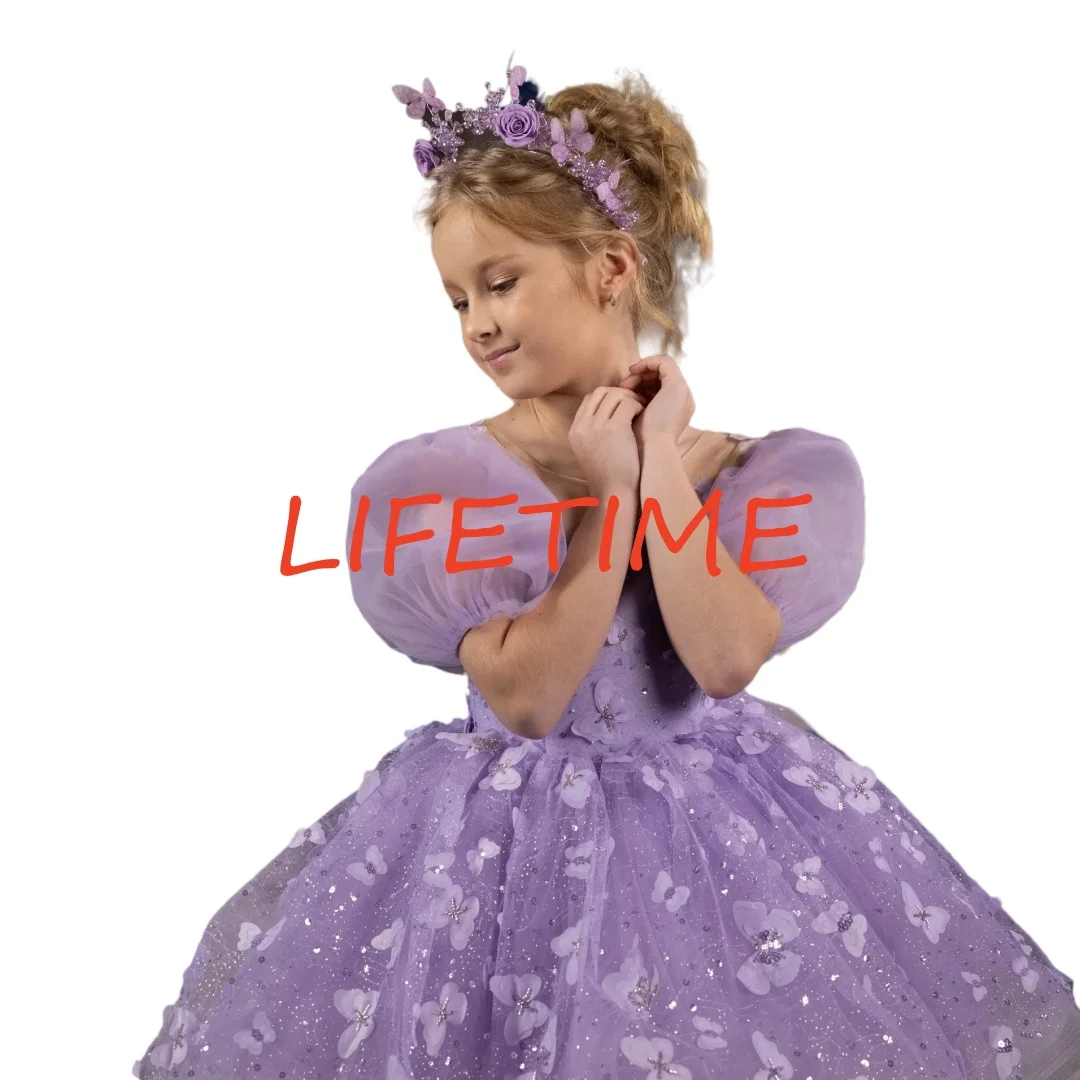 CustomizedLength 子供の誕生日パーティー初聖体拝領ガウンライラックフラワーガールドレス結婚式用 3D 蝶アップリケ高