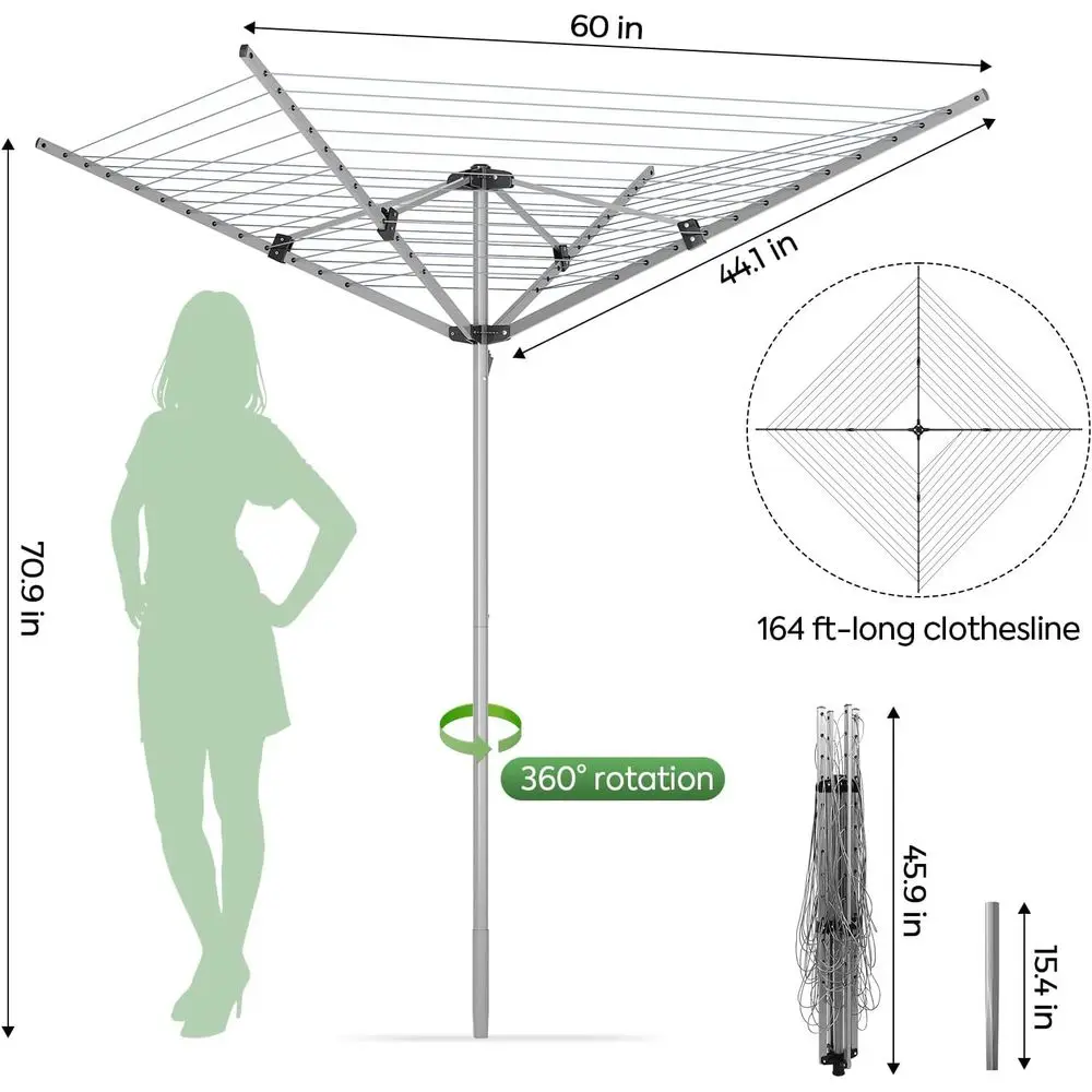 4-Arm Rotary Metal Clothes Drying Rack, Collapsible Outdoor/Lawn Garden Rack, 70.87 H