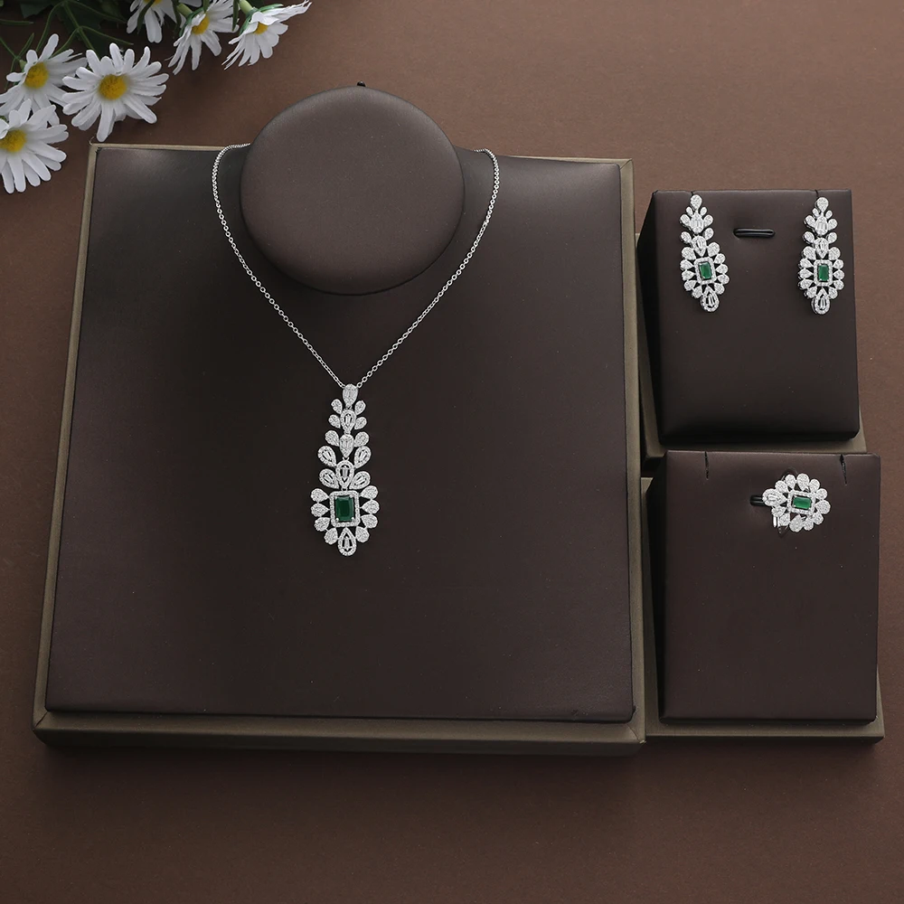 

New Luxury Waterdrop Geometric Square Cubic Zircon Engagement Dubai Naija Bridal Finger Rings Necklace Earring Jewelry Set S462