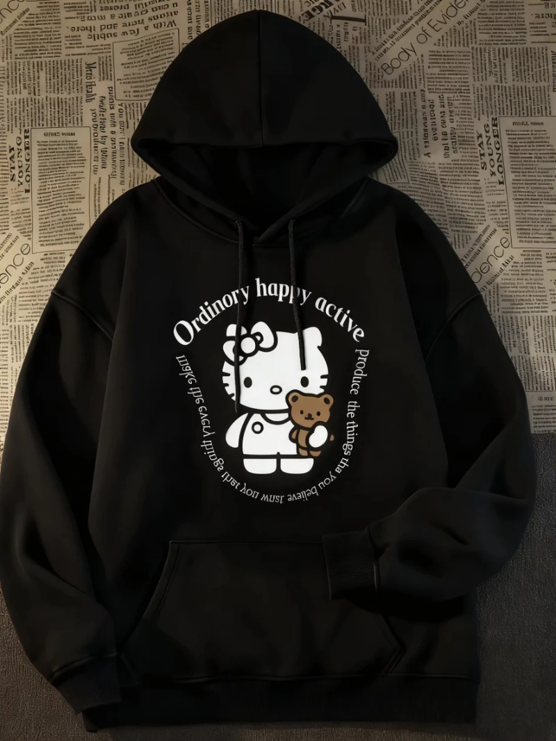 MINISO HelloKitty Sudadera con capucha negra con estampado de pecho Sudadera con capucha unisex de moda Regalo para fanáticos Jersey de soporte Deportes al aire libre