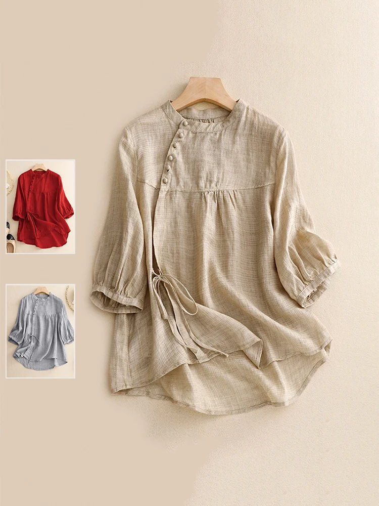 

Casual Stand Collar Patchwork Pure Color 7/8 Sve irt plus Size Women's Faion Design Button Detail Asymmetrical Top Summer