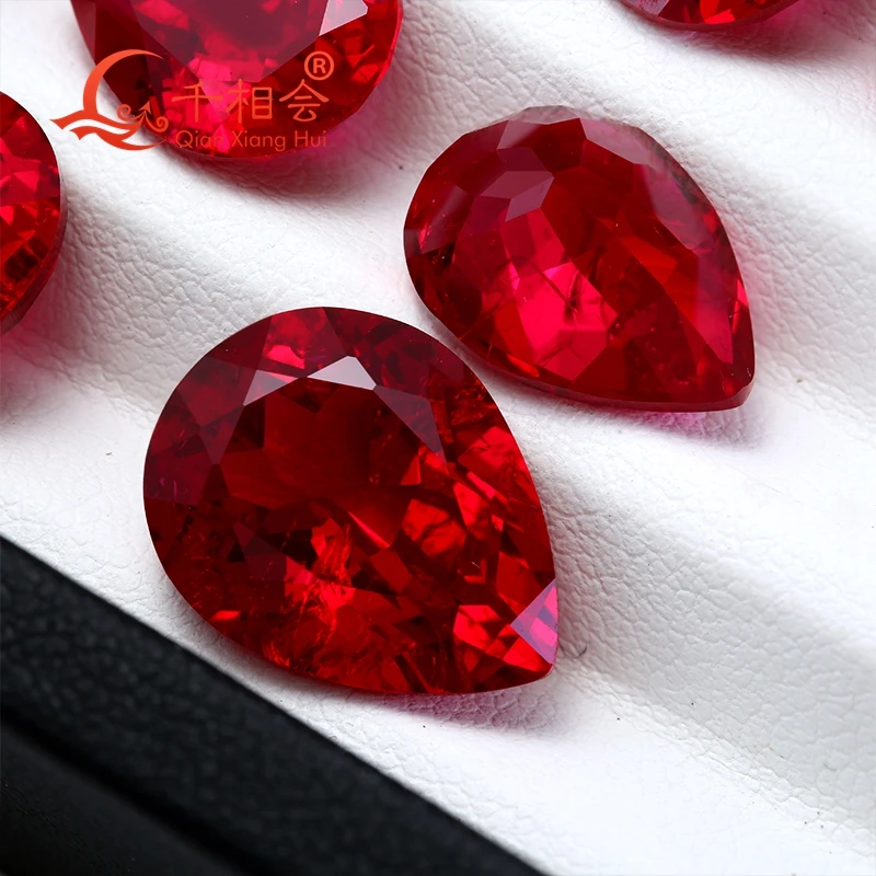 Pigeon Blood Red color lab created ruby pear shape natural cut including minor cracks inclusions loose gem stone jewelry   GRC