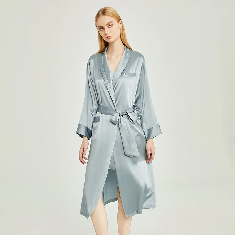 19MM 100% Heavy Mulberry Silk Long Robe Loungewear Lapel Kimono Cardigan Morning Gown Sexy Bridal Dressing Gown for Honeymoon PJ