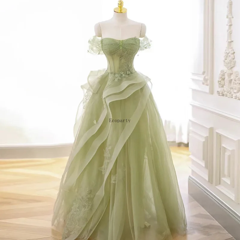 Green Prom Dress Appliques Tulle Celebrity Dresses Tiered Pleat Women's Evening Dress Sweetheart Formal Gown 프롬 드레스 Vestidos