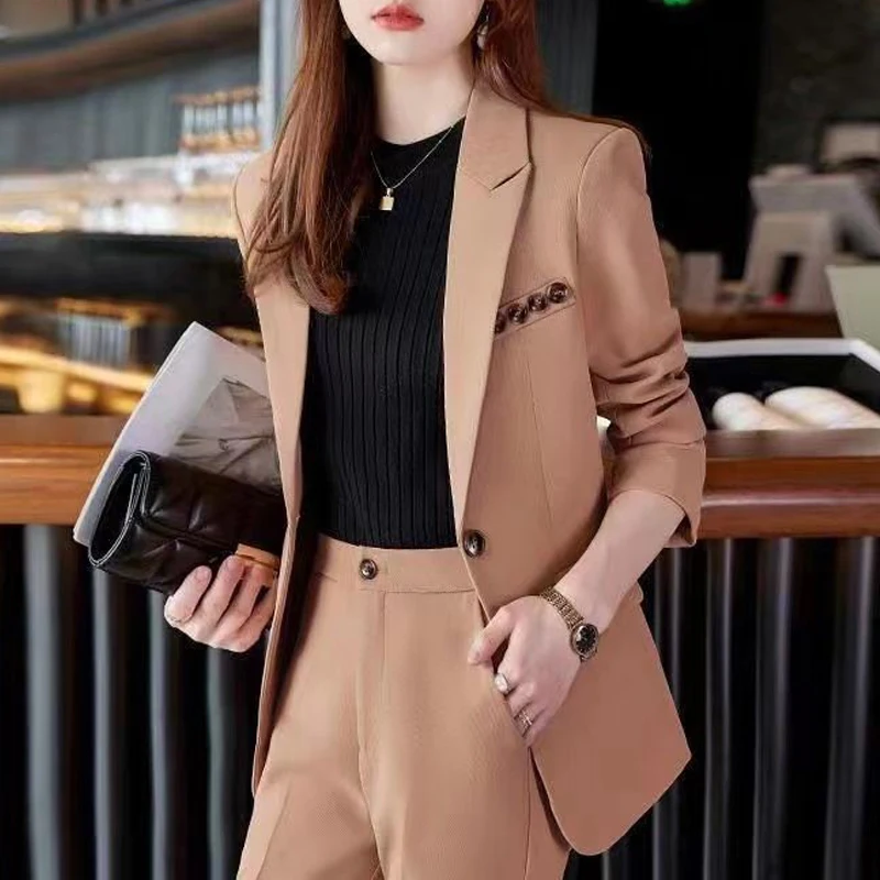 Jaket Blazer kasual bisnis wanita, mantel setelan kasual lengan panjang polos ramping kancing tunggal Musim Semi dan Gugur untuk kantor