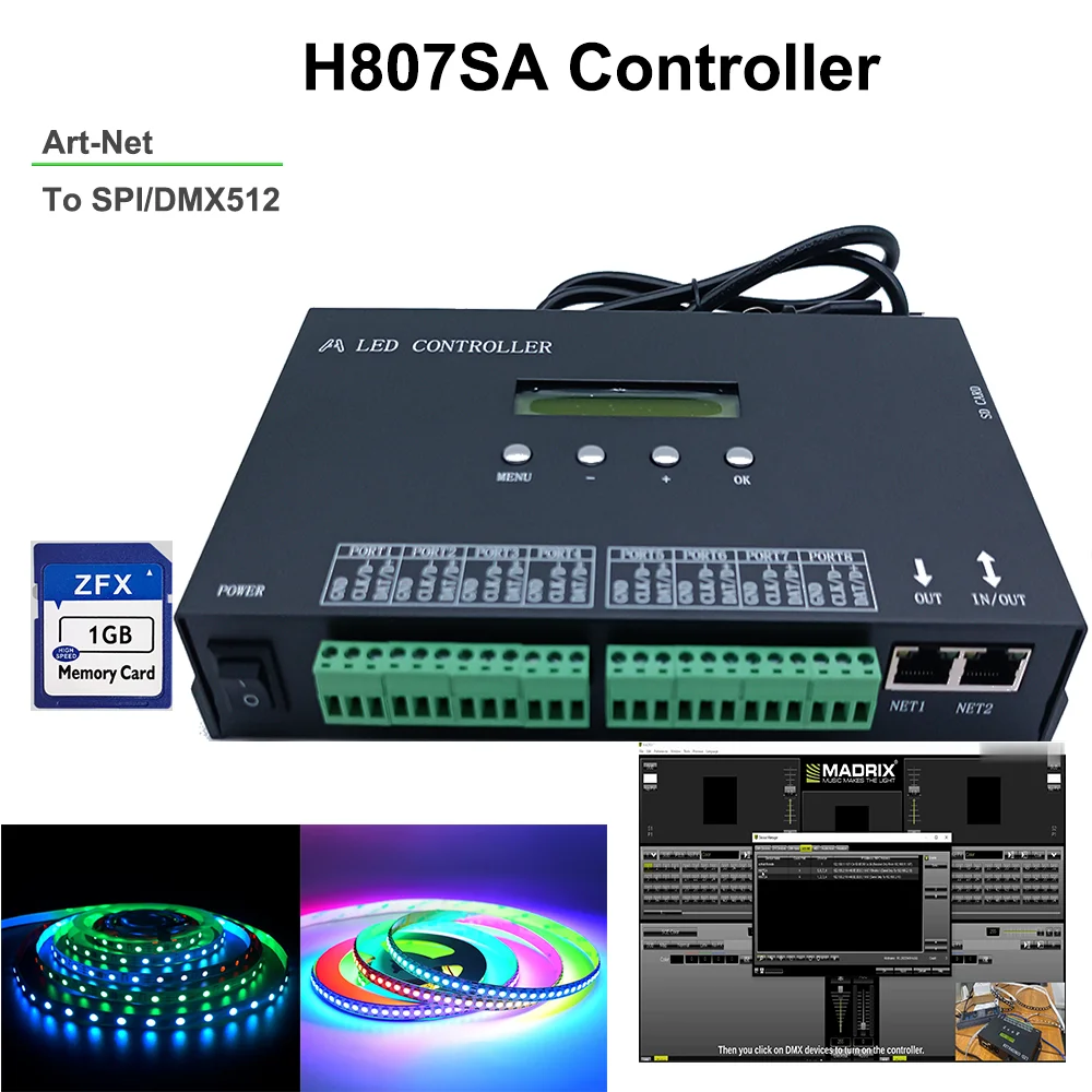 

H807SA Artnet To SPI Pixel Controller DMX512 H803SA 8 Port 8192 Pixels Controller Madrix For WS2811 WS2812 Addressable Led Strip