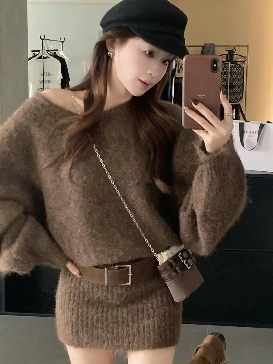 Laid-back Shoulder-baring Knitted Sweater Unique Loose Slimming Waist-cinching Baggy Midi Dress with Belt Women's Fashion