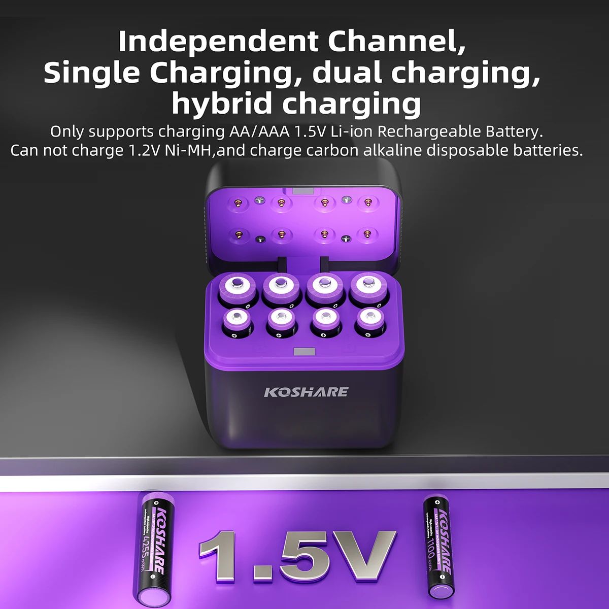 KOSHARE 1.5V AA 4255mWh AAA 1100mWh Rechargeable Lithium Battery Charger Set  With LED Indicator Arc-look Fast Charging Case