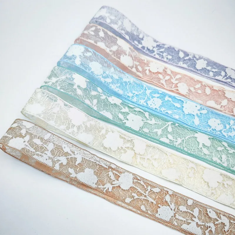 1Pair Women Lace Flower Moonlight Yarn Ribbon Flocked Embossed Silk Ribbon Shoelace