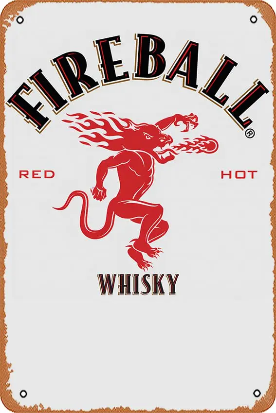 Metal Vintage Tin Sign Fireball Red Hot Whiskey Funny Plaque Poster for Indoor Outdoor Yard Man Cave Garage Farmhouse Bar Pub Be