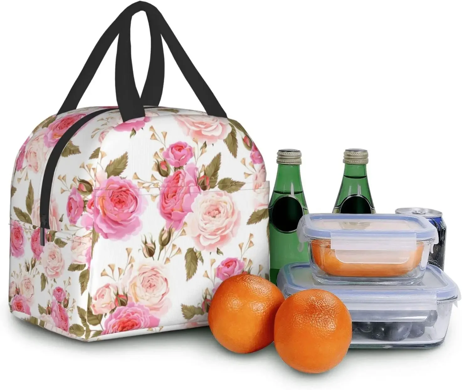 Fiambrera floral rosa para niñas y mujeres, bolsa de almuerzo aislada, caja reutilizable, bolsas de mano florales rosas portátiles