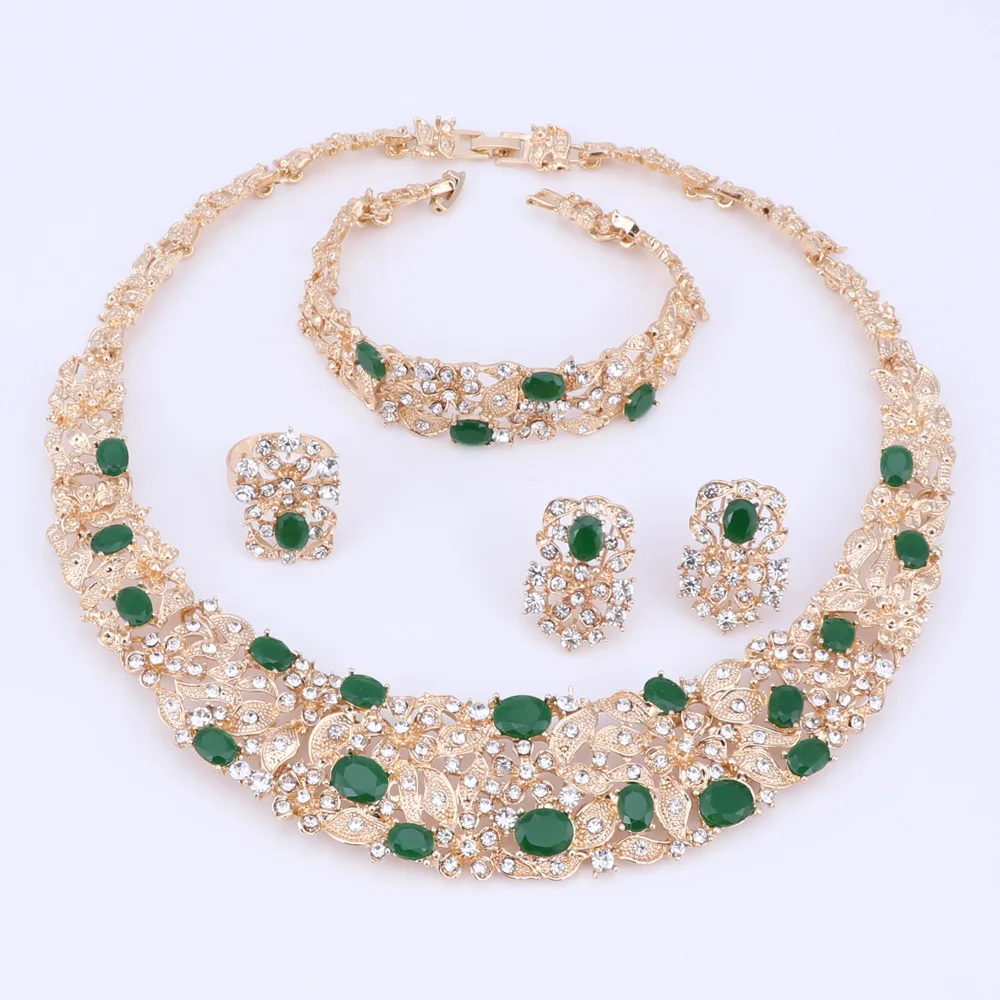 Gold Color Necklace Earrings Bracelet Ring Jewelry Sets Women African Beads Crystal Pendant Wedding Accessories