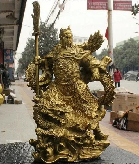 China Brass Dragon Robe Stand Dragon Warrior Guan Gong Yu Door-God Sword Statue