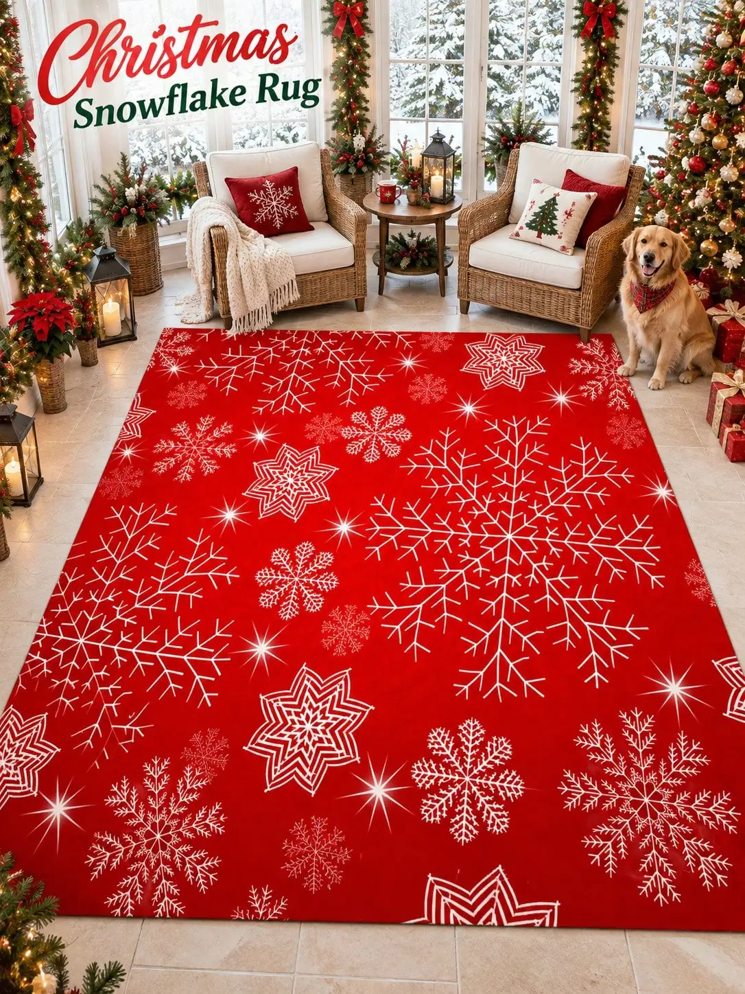 Christmas Rug Snowflakes Stars Living Room Bedroom Entryway Hallway Floor Carpet Gift for Couples Family Neighbors Winter Thanksgiving Birthday Anniversary Housewarming Apartment Cabin Farmhouse Home Styling Sofa Side Reading Nook Holiday Gathering