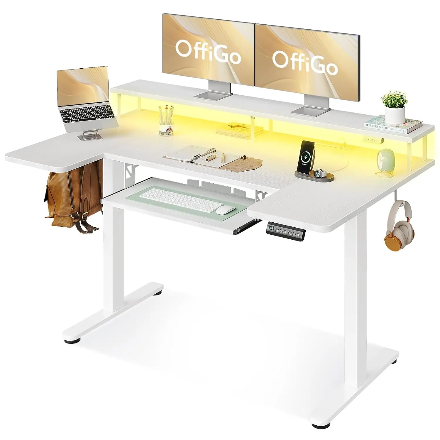 55 Inch U Shaped Electric Standing Desk with Keyboard Tray White, Customized