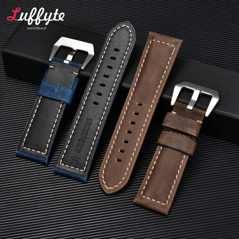 Genuine Leather Watch Band Crazy Horse Cowhide Men\'s Bracelets Leather Watch Strap 20mm 22mm 24mm 26mm Blue Brown Black Straps