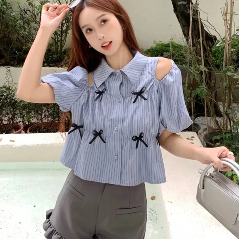 Sweet Striped Shirt Women Blue Lapel Button Bow Puff Sleeves Pretty Style Strapless Blouse Fashion Elegant Korean Female Tops