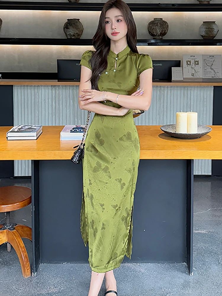 Verão verde impressão cetim gola cheongsam vestido feminino elegante vestido longo de luxo 2025 coreano vintage bodycon vestido de noite