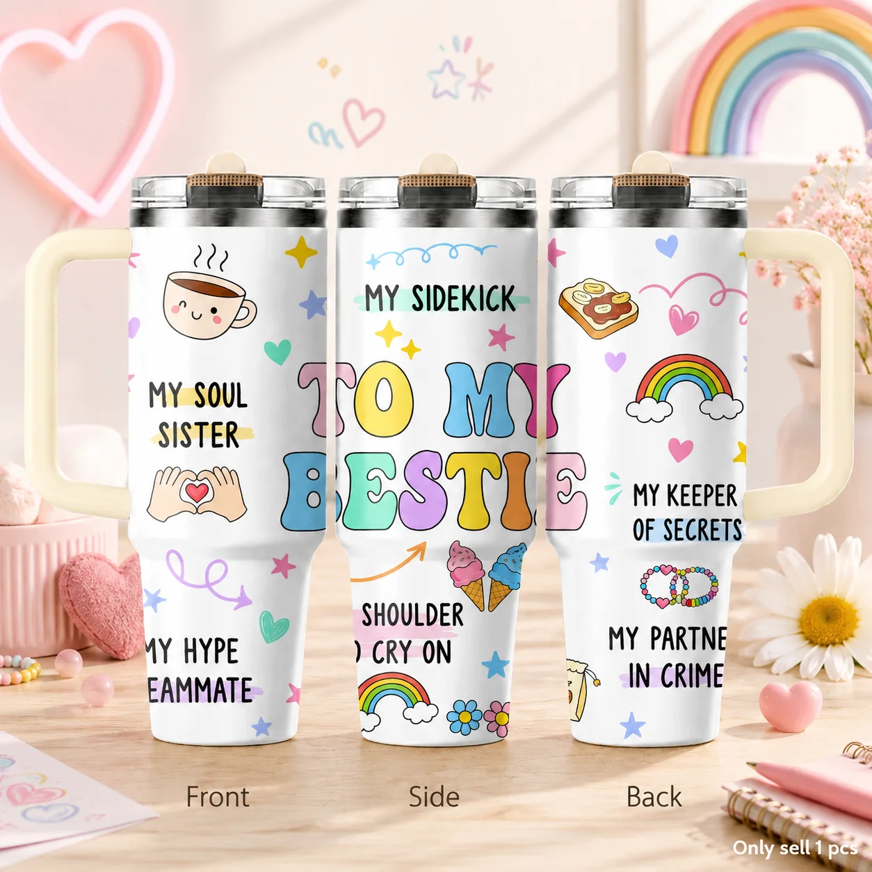 Termos con Frases de Amistad para Mi Mejor Amiga, 40oz, Taza de Acero Inoxidable con Aislamiento al Vacío de Tercera Generación, con Asa y Tapa con Pajita
