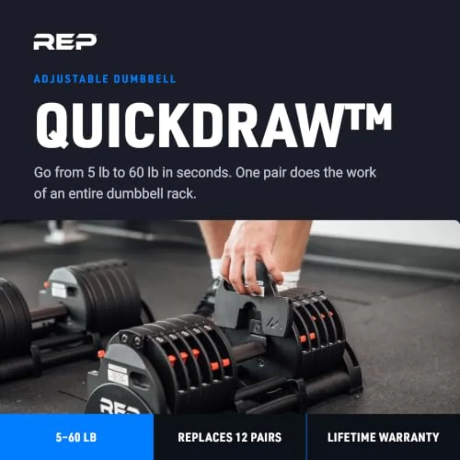 Fitness QuickDraw Adjustable Dumbbell Set, Pair, 30/40/50/60 lb Each, Steel Plates, Knurled Handle, Lock-N-Load Switch, Space-S
