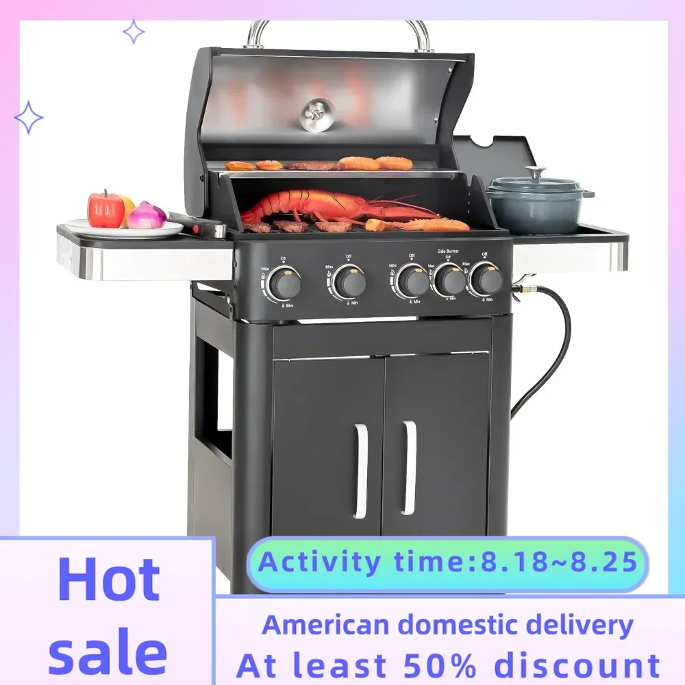 

4-Burner Propane Gas BBQ Grill With Side Burner & Porcelain-Enameled Cast Iron Grates 46 Barbecue Kitchen Utensils Meat Tongs