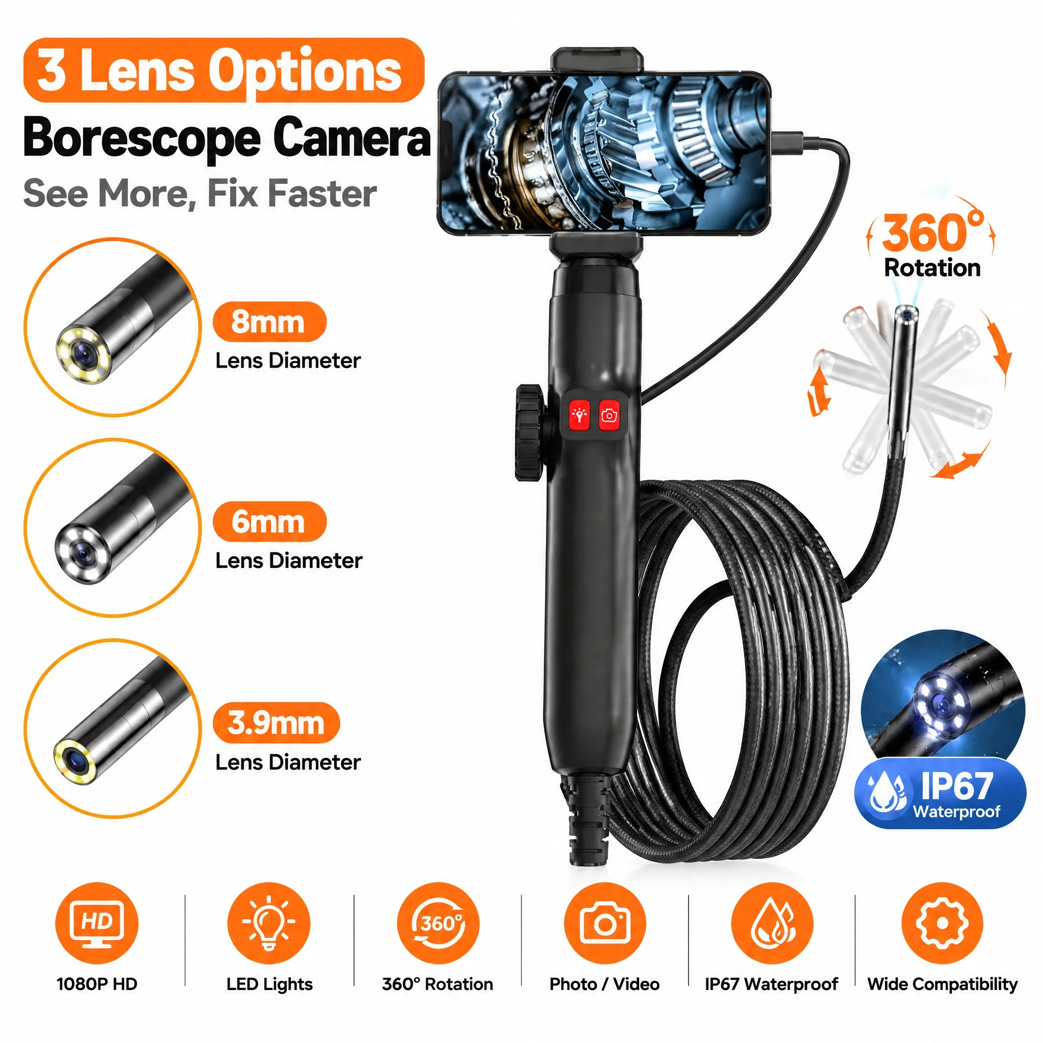 3.9mm/6.2mm/8.5mm 360° Articulating Borescope Endoscope Camera with Light,  Endoscope with Android/iOS Phone