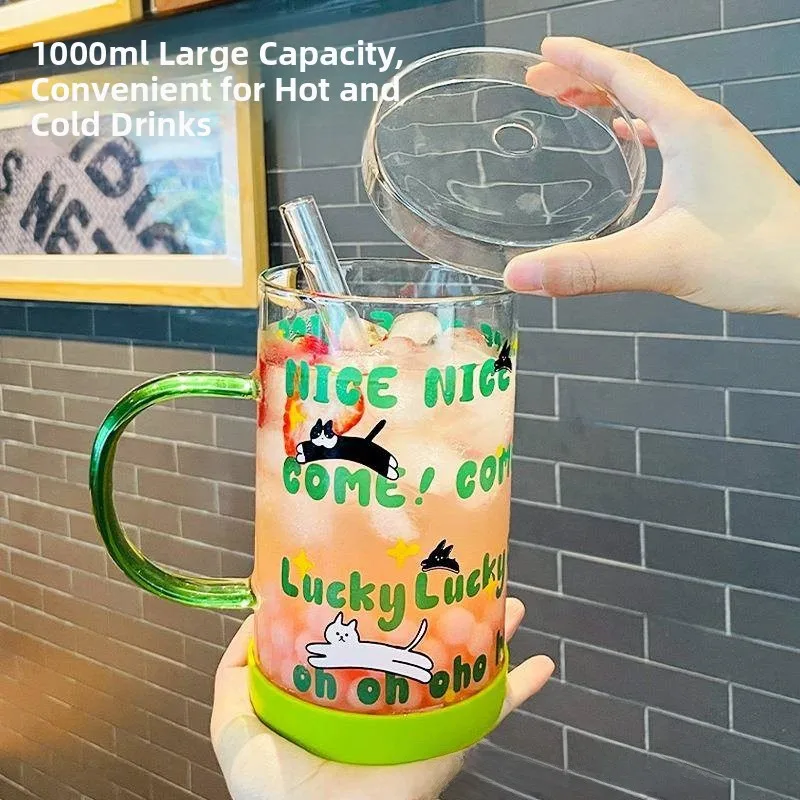 

Cartoon Glass Water Cup for Women 100ml Office Use with Cup Lid And Straw Antibacterial round Shape Single Layer High Borosil...