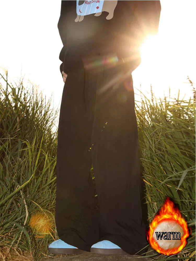 هونج كونج نمط الرجعية بلون السراويل القطنية الحرارية الخريف والشتاء جديد الصوف مبطن سميكة فضفاضة عادية واسعة الساق بنطلون للطالبات