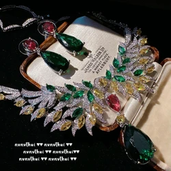 2024 Women Luxury Platinum Plating Multicolor Cubic Zirconia Elegant Angel Wings Wedding Banquet Necklace Earrings Jewelry Set