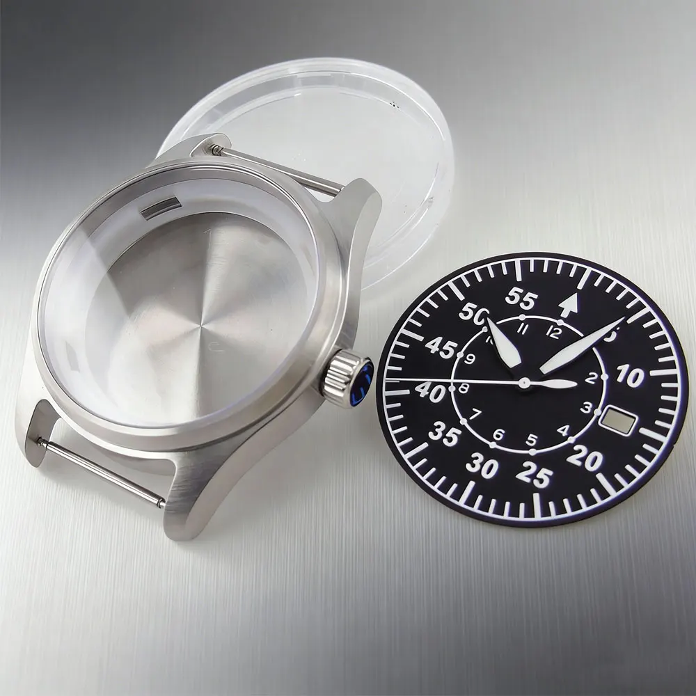 Caja de reloj de piloto de 39 mm con cristal de zafiro, esfera luminosa verde, compatible con movimientos ETA 2824, NH35A, PT5000, Miyota 8215, 821A, serie 82 / DG 2813