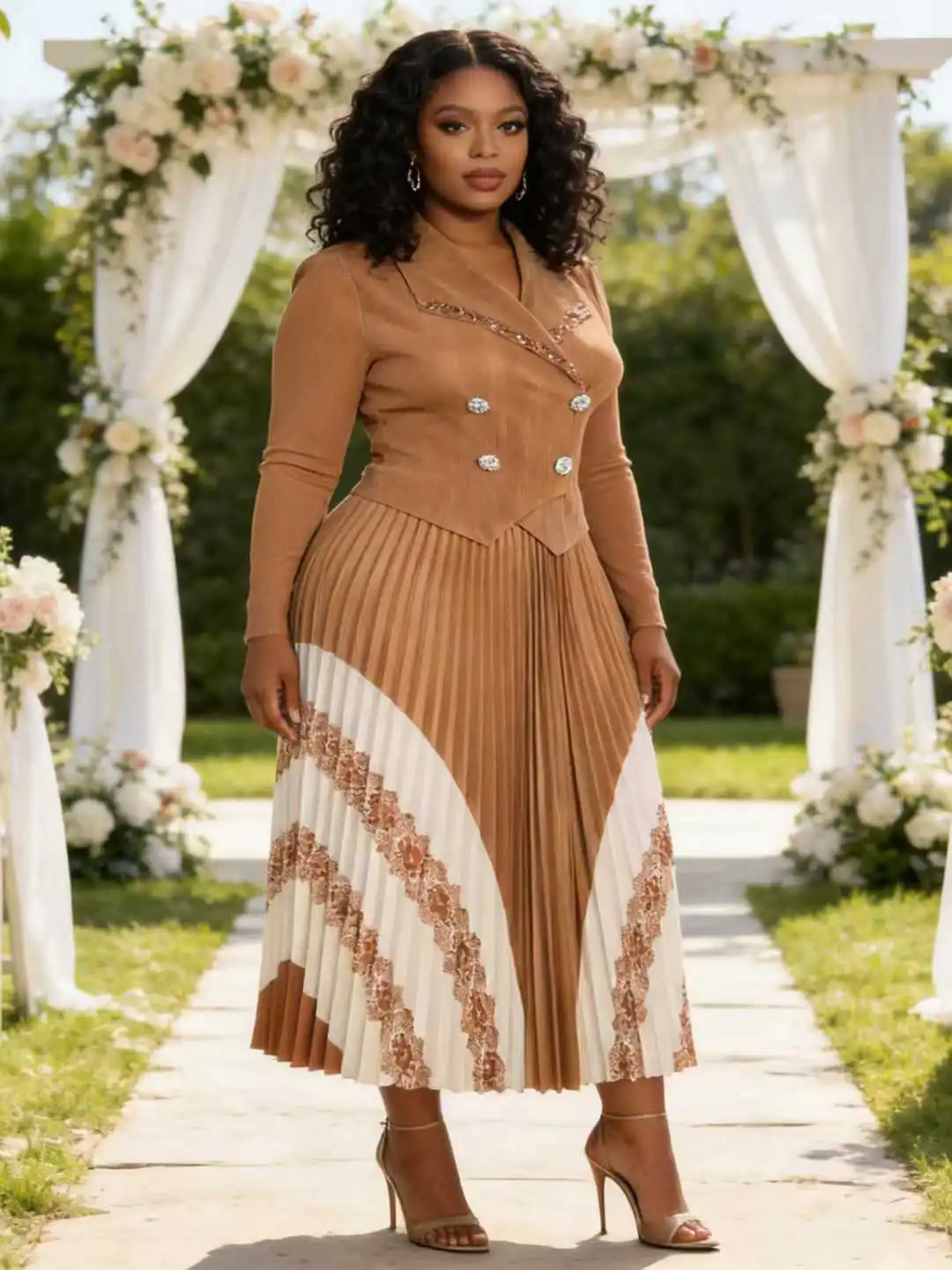 ANLAN Chic Beaded Blazer Collar Women's Dress Elastic Slimming Fake Two Pieces Patchwork Design Pleated Famale Clothing 2AN7684