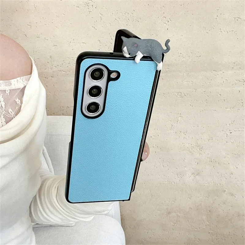 Liggende Kat PU Lederen Telefoon Case voor Samsung Galaxy Z Flip Z Fold 6 5 4 3 Beschermende Achterkant voor ZFold6 ZFlip6 Case