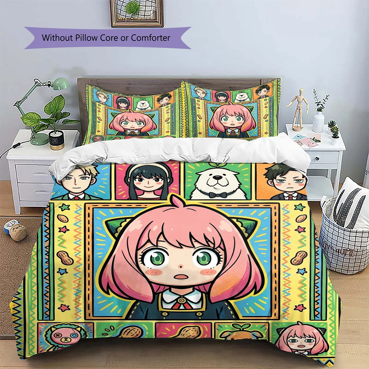 Ensemble de housse de couette et taie d'oreiller à motifs Anya Forger, literie décorative d'anime pour la chambre à coucher, excellent cadeau pour les amateurs d'anime.-TING