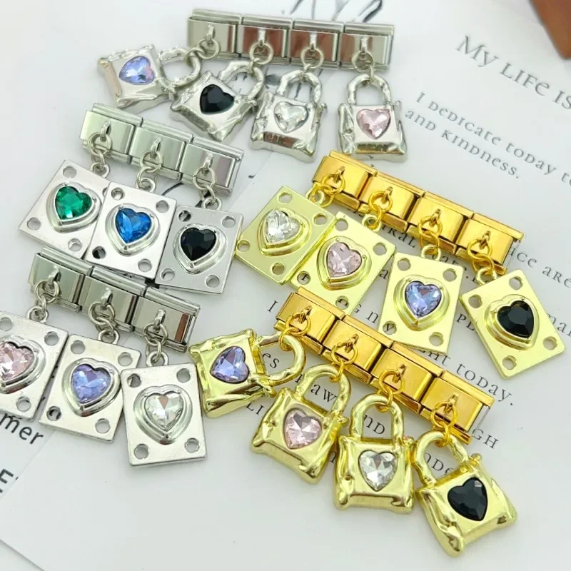 2025 Fashion Women Shiny CZ Gold Silver Lock Love Pendant Italian Charm Fit 9mm Stainless Steel Bracelet Wholesale Jewelry