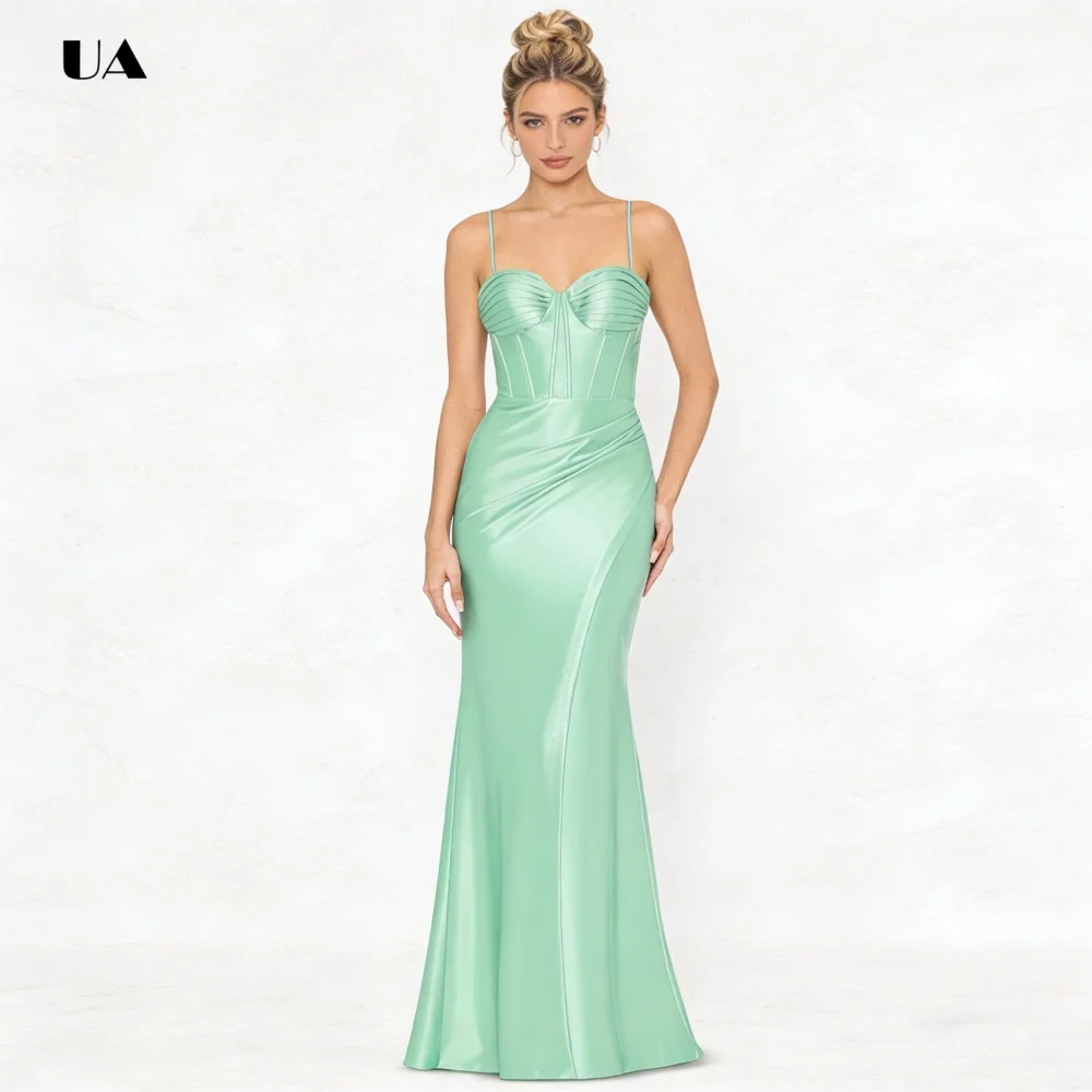 Vestido de fiesta de sirena simple con correa de espagueti, vestido de noche de satén plisado liso, vestido de fiesta personalizado con cuello de corazón