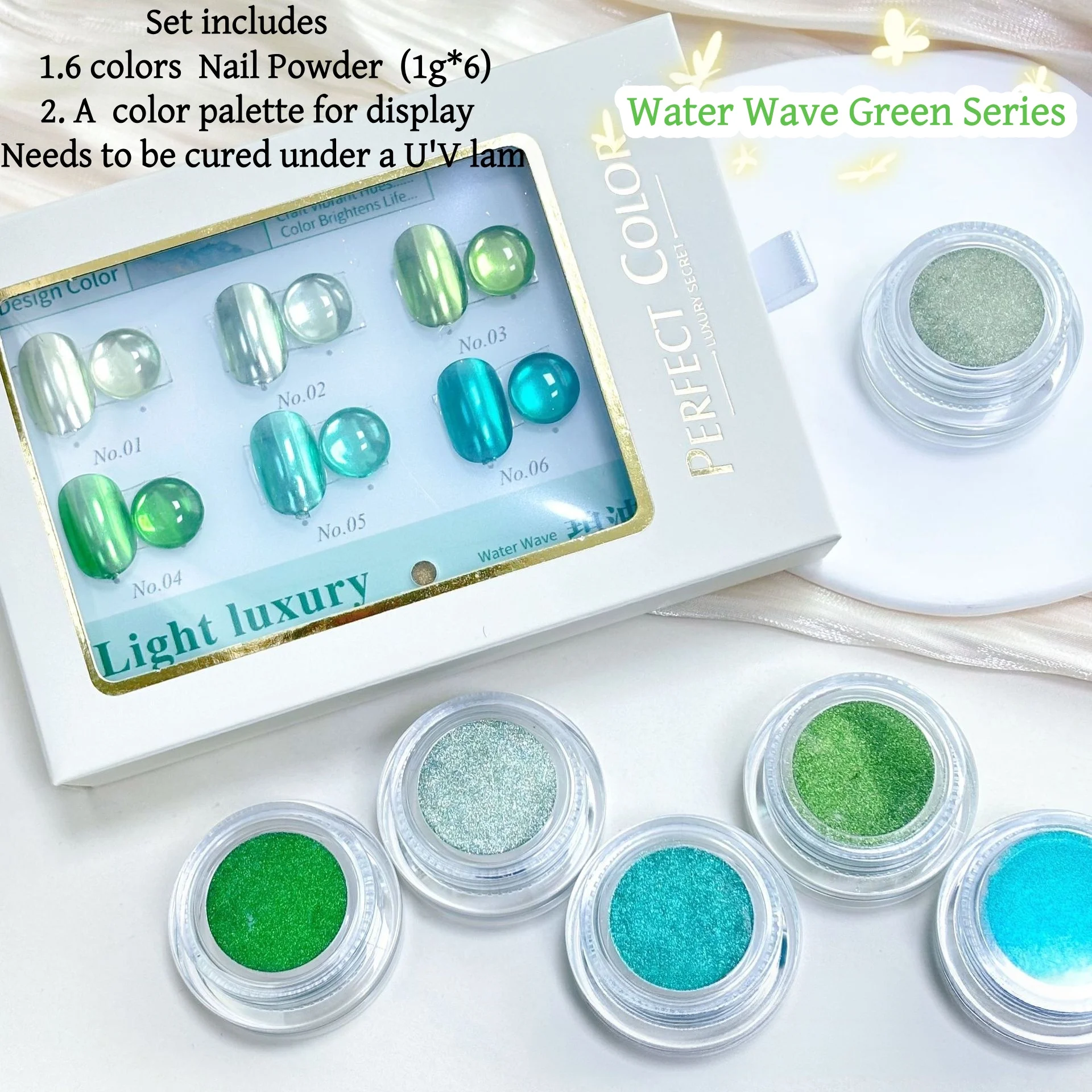 6-Color Nail Powder Set with Color Palette, Elegant Green Nail Art Kit, Summer Fresh Style, at Beauty Salons