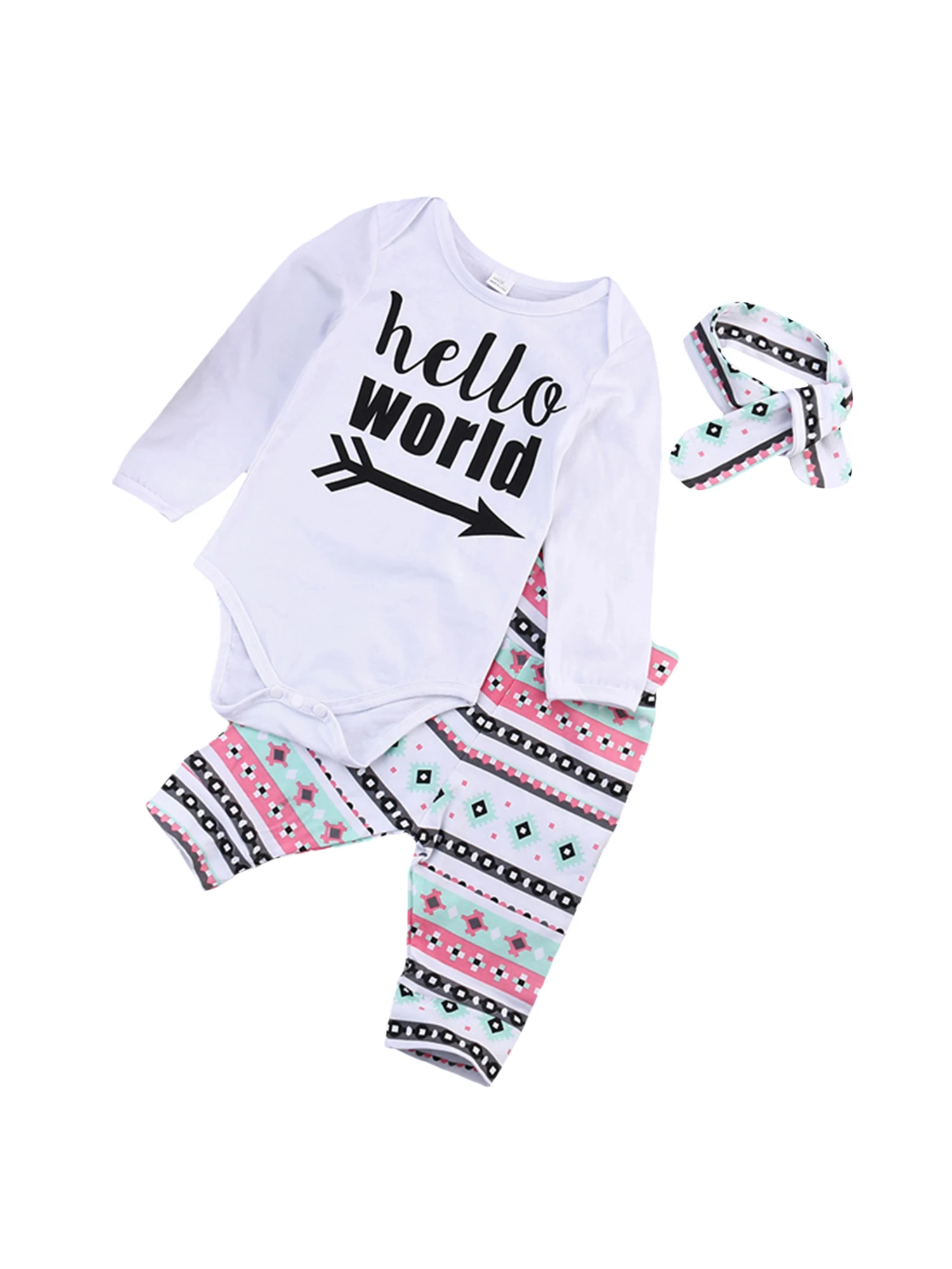 3Pcs Baby Boys Girls Outfit, Spring Autumn Infant Long Sleeve Round Collar Letter Romper + Striped Pants + Headwear Set