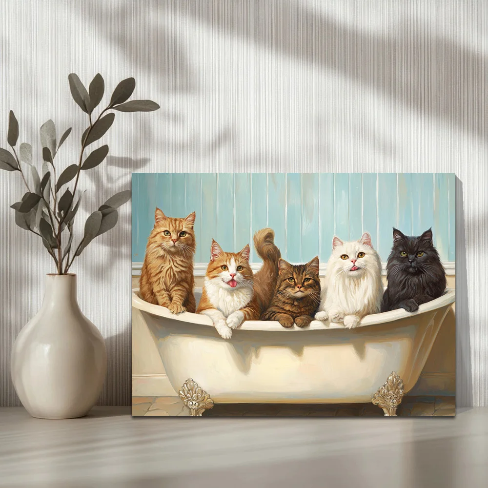 1pc,Five Cats In A Vintage Bathtub A, Modern Canvas Wall Art,Waterproof Wall Painting Poster Picture Art,  Framed, 16x12inch