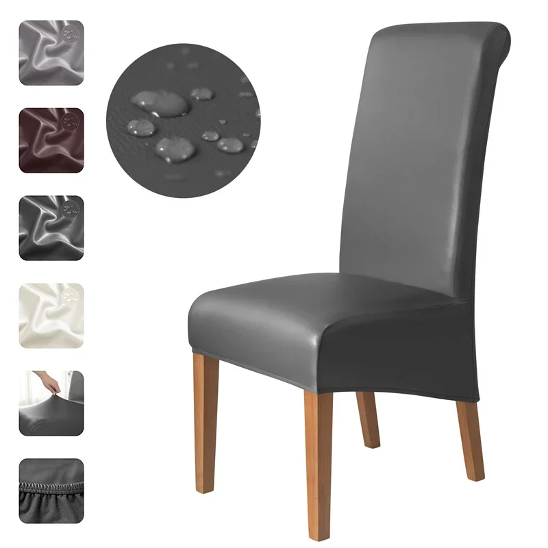 

1PC Stretch Dining Chair Cover PU Leather Waterproof Chair Slipcovers Long Back Solid Color Seat Covers Banquet Hotel Decor
