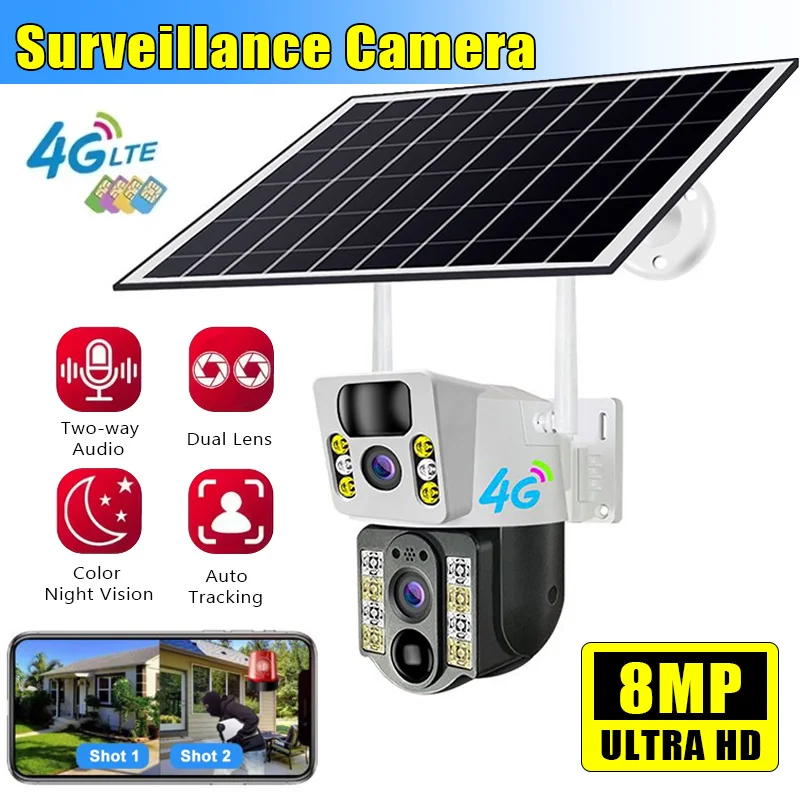 

4K 8MP Dual Lens Wireless Solar Camera Outdoor 4G Sim Dual Screen WiFi IP Camera PIR Night Vision CCTV Security Surveillance Cam