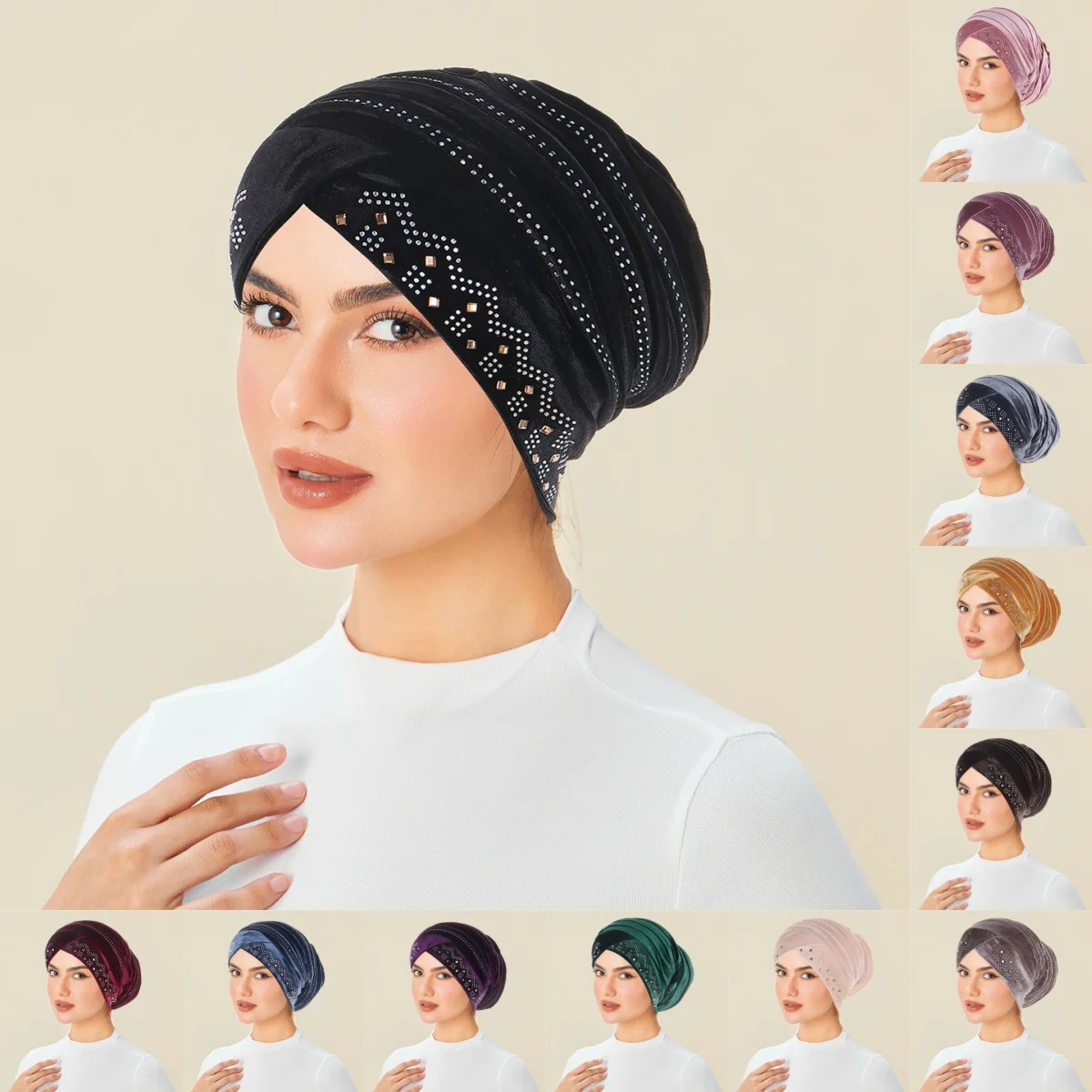 

New Glitter Diamonds Pleated Turban Caps for Women Head Wraps Caps Muslim Headscarf Bonnet Female Beanie Pullover Cap