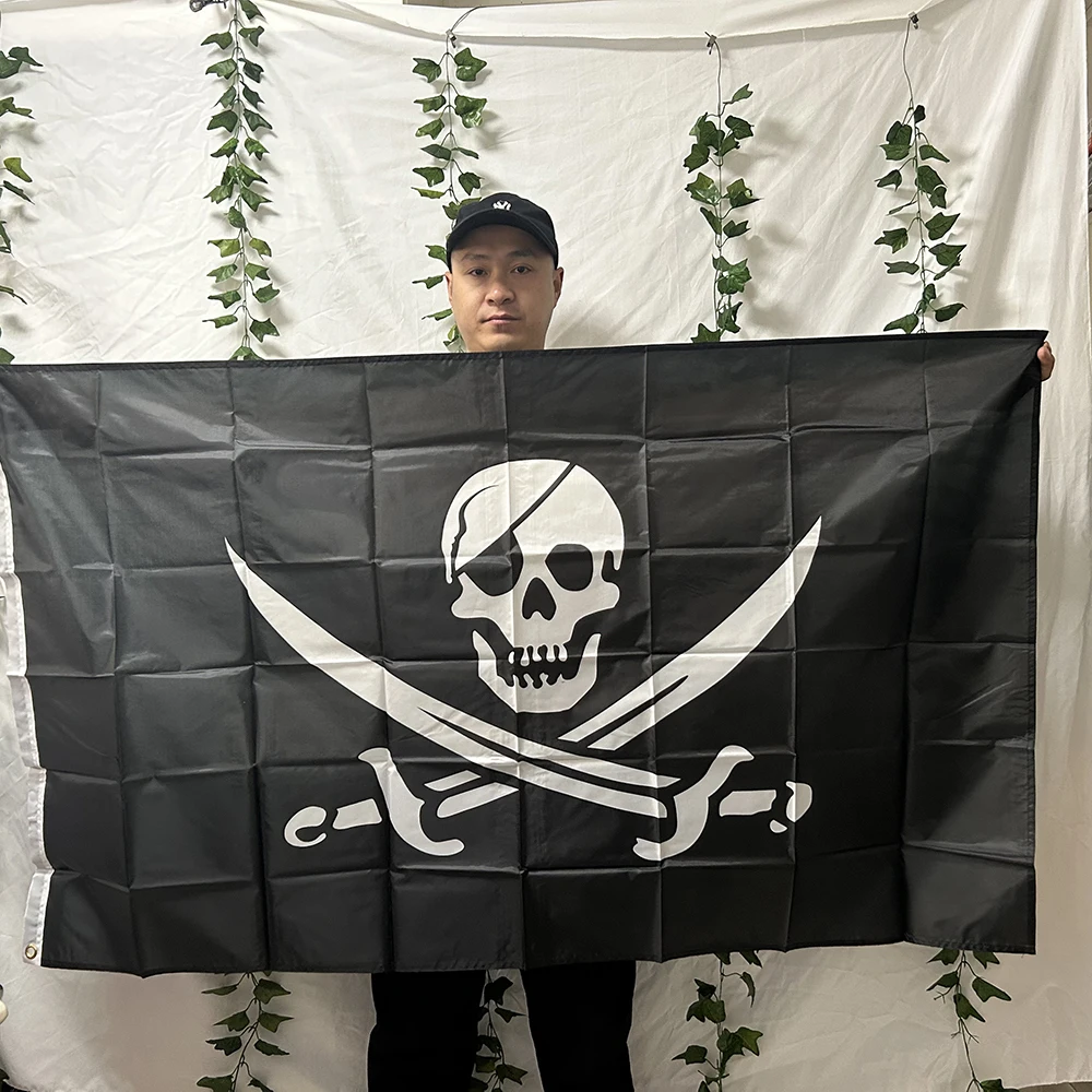 （TIKI FLAG）skull flag 90x150cm Double Broken Skull With Knife Pirate Flag Jack Rackham Jolly Roger Flag polyester hanging banner
