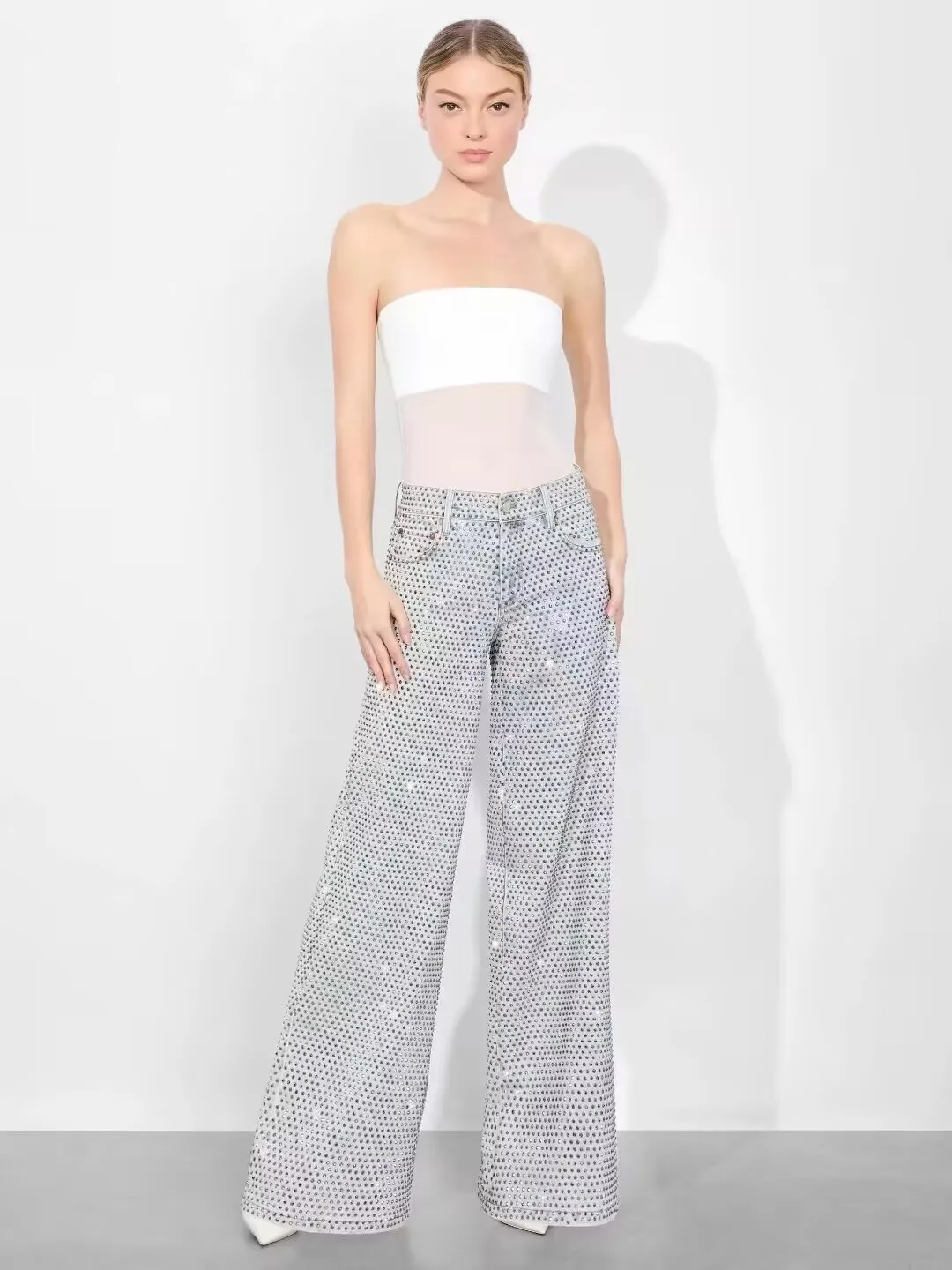 Women Rhinestone Decoration Jeans High Waist Straight Casual Wide Leg Denim Pants