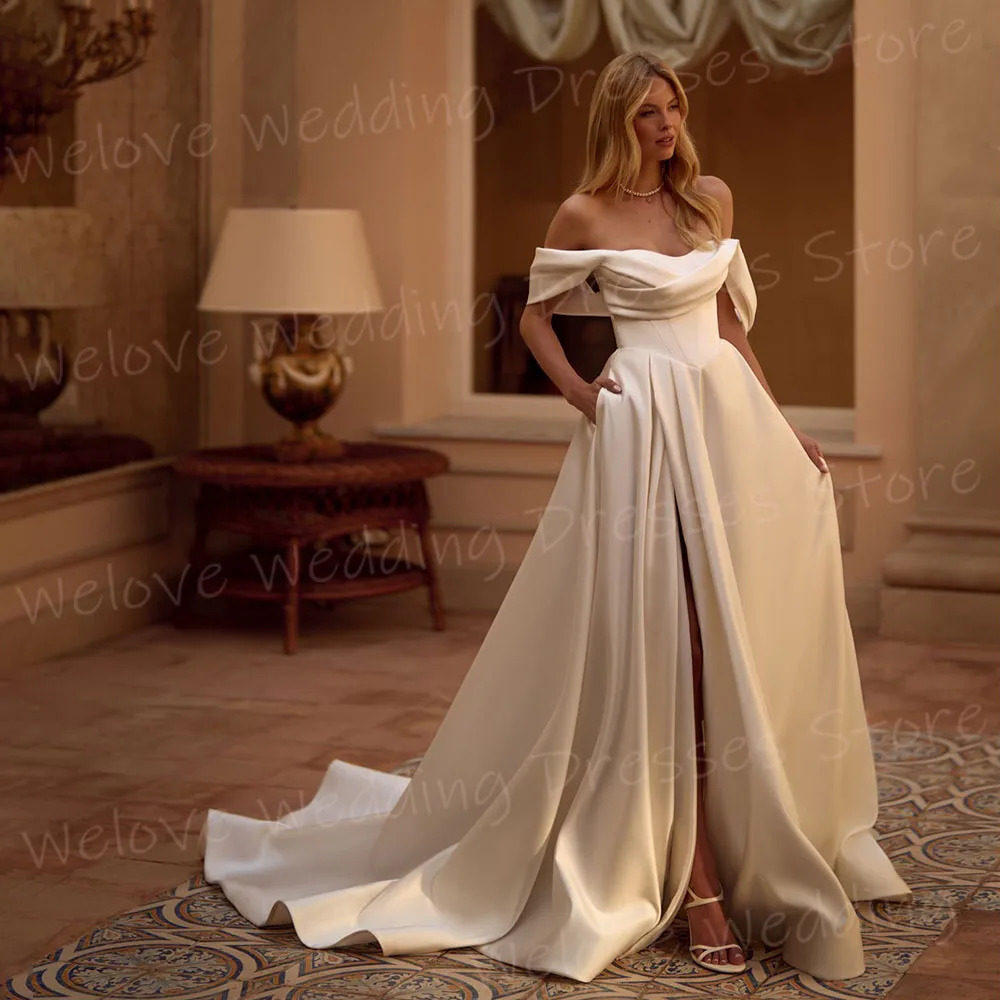 Abiti da sposa semplici da donna A Line con spalle scoperte Abiti da sposa senza schienale Abiti da sposa personalizzati Abiti con spacco laterale