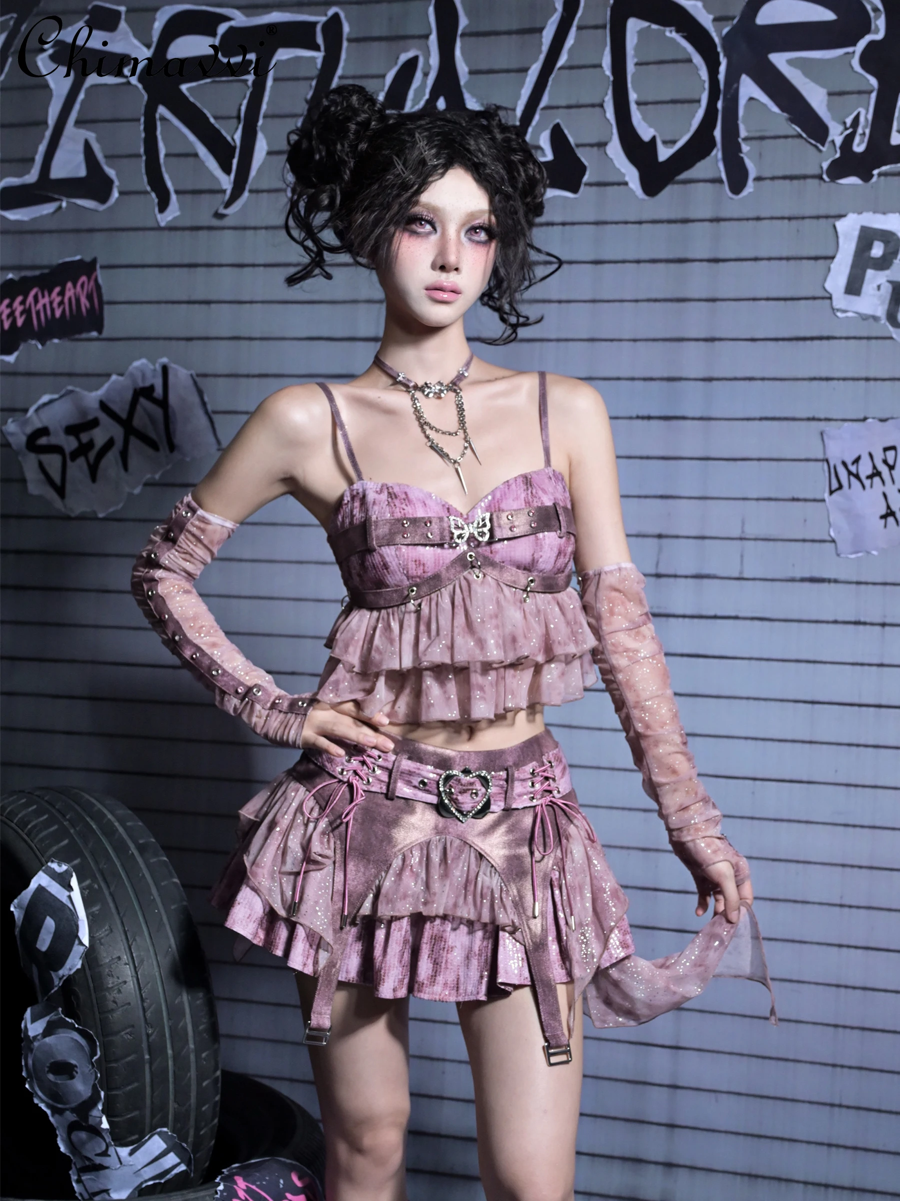 

Original Design Punk Style Sweet Cool Girl Sexy Butterfly Bra Top + Mesh Patchwork Low Waist Skirt Elegant Y2k Women Sets