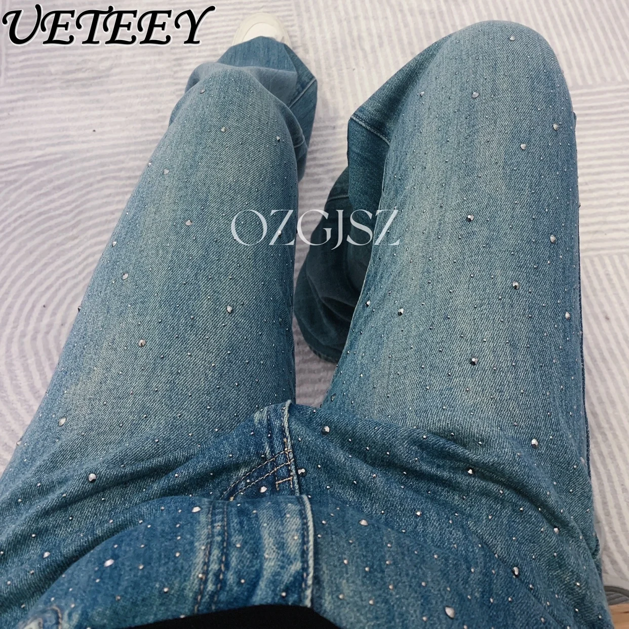 

Micro Flash Hot Drilling Denim Pants Early Autumn New Retro Three-Dimensional Tailoring Draped Stylish Slimming Straight Jeans